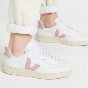 Veja V-12 Leather Sneakers | Pink and White | Size 8